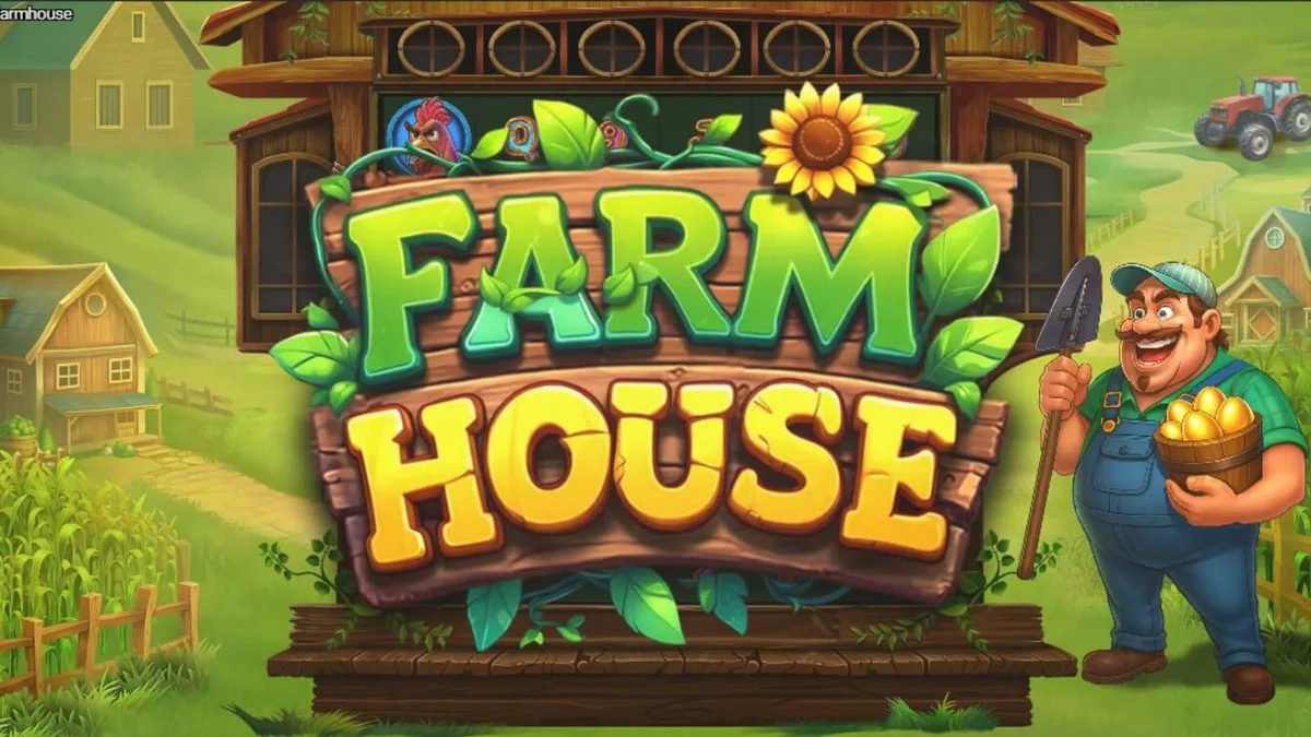 Farm House slot game interface showing farm animals and the cluster pays grid